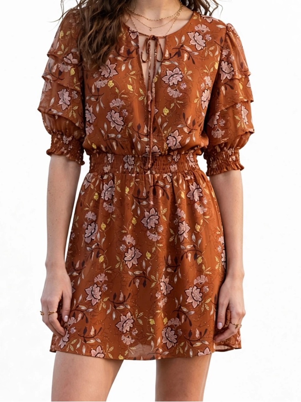 Collective Concepts Boho Floral Mini Dress Rust Orange Tie Front Ruffle Sleeve S